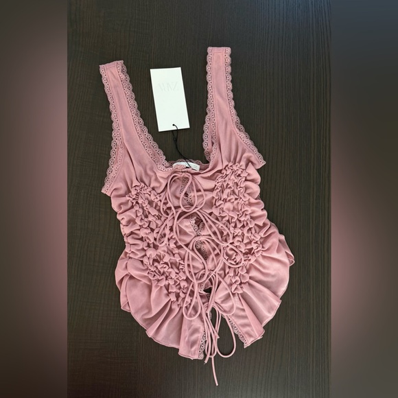 Zara Tops - Ruffled Pink Lace-Up Bodysuit